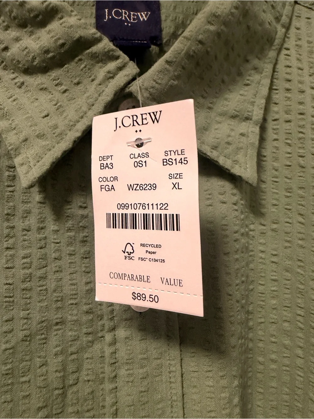 J. Crew Men’s Short-Sleeve Waffle Dobby Camp Shirt Sage XL NWT